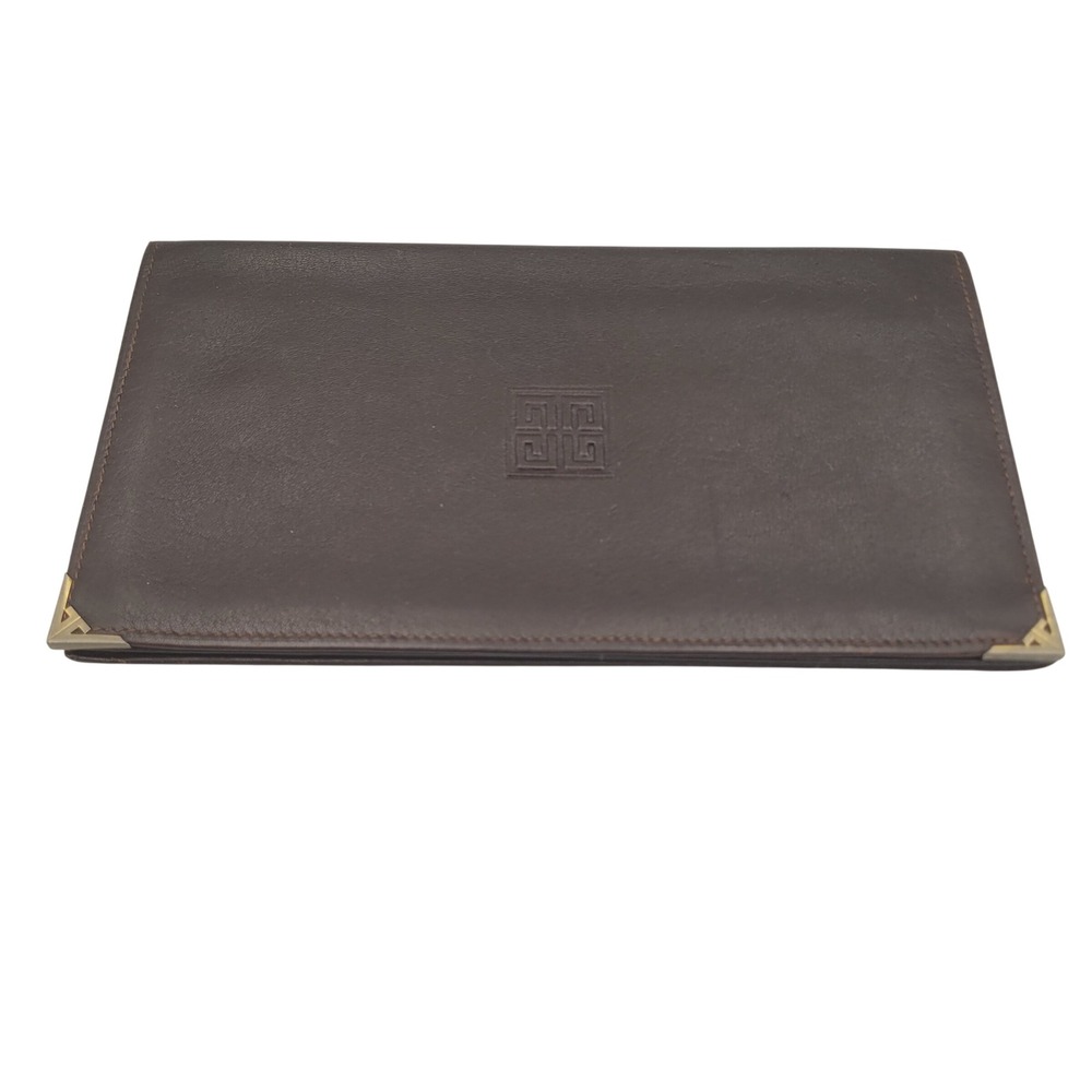 Givenchy Gentleman Paris Vintage Brown Leather Long Bifold Wallet Gold Corners